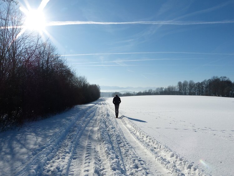 Seasonal Changes. Man taking a walk alone on a long snowy road in winter